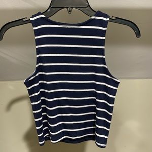 navy blue mock neck crop top with white stripes